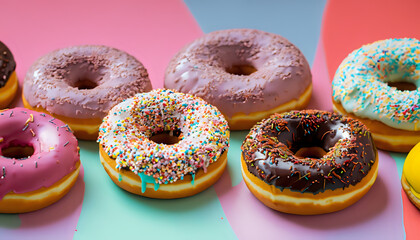 donuts with icing sugar, Round and vibrant donuts, covered in an array of sprinkles, snack, delicious, breakfast, baked, Ai generative 