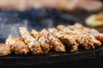 Cook grills chicken kebab steaks open fire. Concept Summer Street food festival