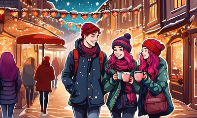 The joyful friends stroll through a festive Christmas market, savoring hot cocoa. watercolor illustration. Generative AI
