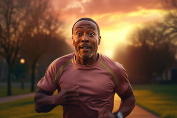 Middle aged african american man running at dusk in the park