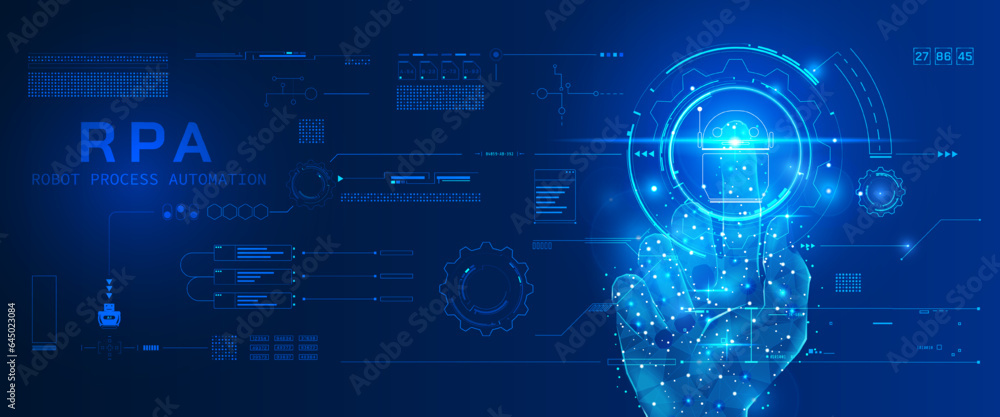 Leinwandbilder Technology digital hand wireframe pressing on HUD circle robot of RPA platform concept vector. Robotic process automation, artificial intelligence with futuristic pattern illustration background.