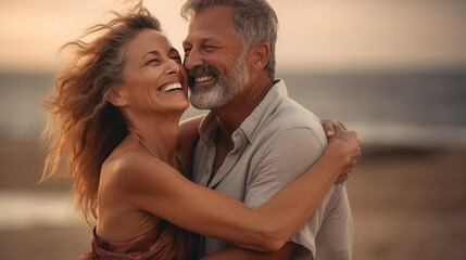 Joyful middle aged couple, a man and woman, sharing a loving hug on a beach