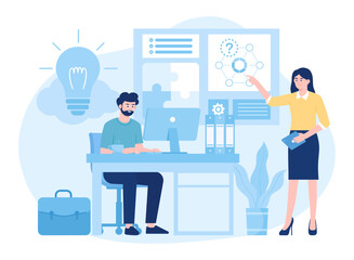 A woman presents a business growth charts metaphor concept flat illustration