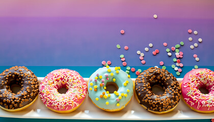 colorful donuts with sprinkles, Colorful and round donuts, featuring a variety of sprinkles,  unhealthy, doughnuts, Ai generative 