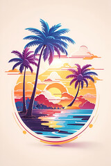 graphic illustration Hawaiian Sunset with palm trees. white solid background. drop shadow. vibrant colors. vector art, using Generative Ai