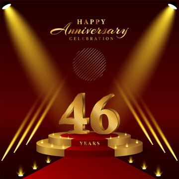 46th anniversary logo with numbers and podium in gold color, logo design for celebration event, invitation, greeting card, banner, poster, and flyer, vector template