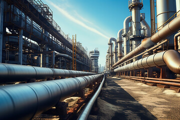 Industrial detail at oil refinery plant pipe line - obrazy, fototapety, plakaty