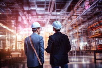 two engineers in hard hats standing in factory