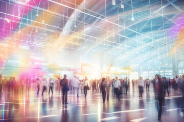 Background of an expo or convention with blurred individuals in an exposition hall. Concept image for a international exhibition, conference center, corporate marketing, or event fair - obrazy, fototapety, plakaty