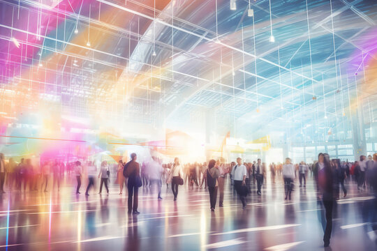 Background of an expo or convention with blurred individuals in an exposition hall. Concept image for a international exhibition, conference center, corporate marketing, or event fair