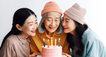 Obraz na płótnie Canvas Senior women pose happily for a birthday celebration in a studio. Generative AI