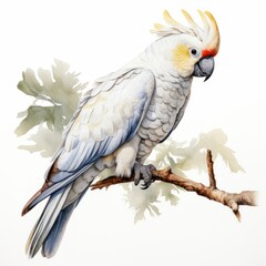 Watercolor white cockatoo parrot isolated on white background. Exotic tropical bird illustration jungle design. Wildlife animals and birds.