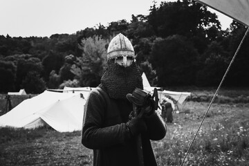Viking warrior from early middle ages in preparation to battle.