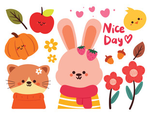 cartoon set of fall autumn vibes sticker set. hand drawing lettering, cute animal sticker, decor element. cute colorful illustration sticker