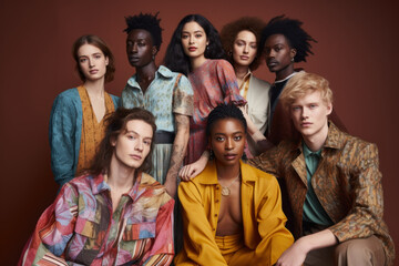 A campaign image captures a diverse group of individuals dressed in ethical fashion, promoting inclusivity and conscious style. Generative Ai.