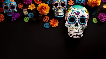 Decorations for the traditional Mexican holiday Dia de los Muertos on a black background with space for writing.