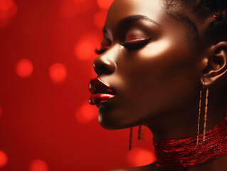 Portrait of beautiful young black woman with bright make-up, red festive background. Christmas and New Year party