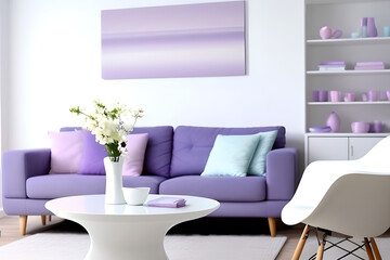 Copy space on a white table, shelf, artwork mockup with a blurred modern living room in the background. Stylish pastel gentle calming blue and light purple