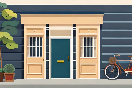 Front view of a house with closed doors, windows with wooden shutters, mailboxes, potted plants, lanterns, and bicycle parking. Colored vector flat images of gateways and building entrances.