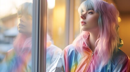 Very pretty girl with unicorn kigurumi and multicolored hair looking out reflects the rainbow in the window. - obrazy, fototapety, plakaty