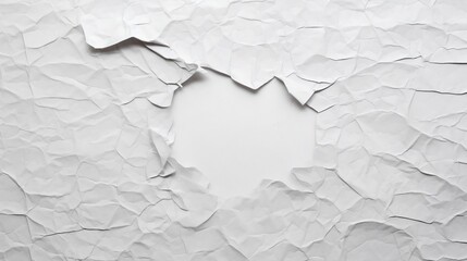 White crumpled paper texture background with hole in the center.