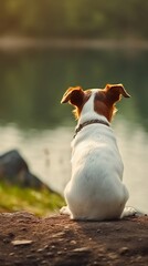 Dog thinking and looking ahead. Sitting and seen from behind.