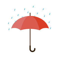 Red umbrella with rain. Vector illustration. Isolated on white background.	