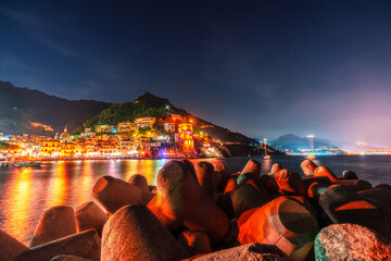 Night view of the town of Cetara Amalfi coast, Italy 