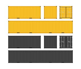 Set of yellow and black cargo containers. Cargo containers for transportation. Vector illustration in flat style. Isolated on white background.