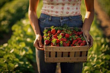 Woman farmer holding a basket of strawberries in strawberry garden