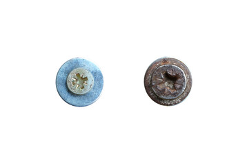 Bolted mounting screws as rusty and stainless object , isolated on transparent background