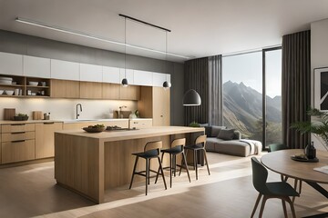 A modern kitchen with a large island and bar stools in the center of the room.