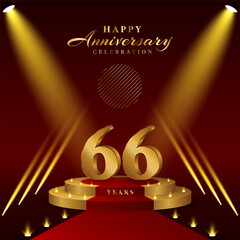 66th anniversary logo with numbers and podium in gold color, logo design for celebration event, invitation, greeting card, banner, poster, and flyer, vector template