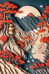 paper art style illustration of Tianzi Mountain, China