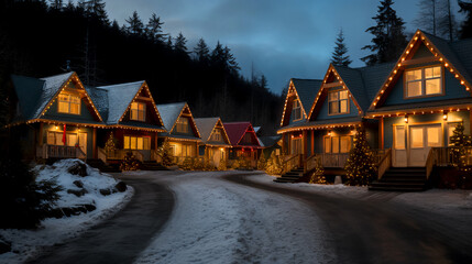 A town cozy street with beautiful houses decorated for Christmas. Winter seasonal holiday, festive background. Merry Christmas and happy New Year concept. - obrazy, fototapety, plakaty