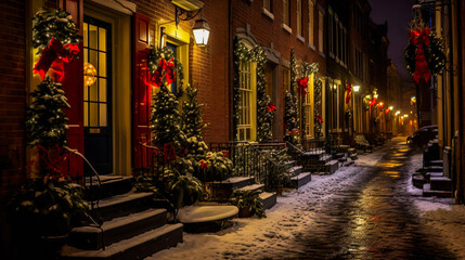Fototapeta premium A town cozy street with beautiful houses decorated for Christmas. Winter seasonal holiday, festive background. Merry Christmas and happy New Year concept.