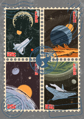 Retro Future Space Ship Postage Stamps Set. 1950s-1960s Vintage Style Cosmos Flying Saucer Adventure Illustrations