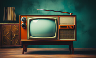 Retro old television on background. 90's concepts. Vintage style filtered photo.