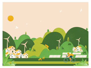 Obraz na płótnie Canvas Web vector illustration of green eco city. Nature environment with solar panel wind turbine and people rode a bicycle.Save the earth concept. 