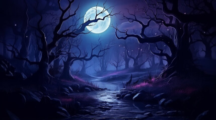 Realistic Halloween background with the creepy landscape of a night sky fantasy forest in the moonlight