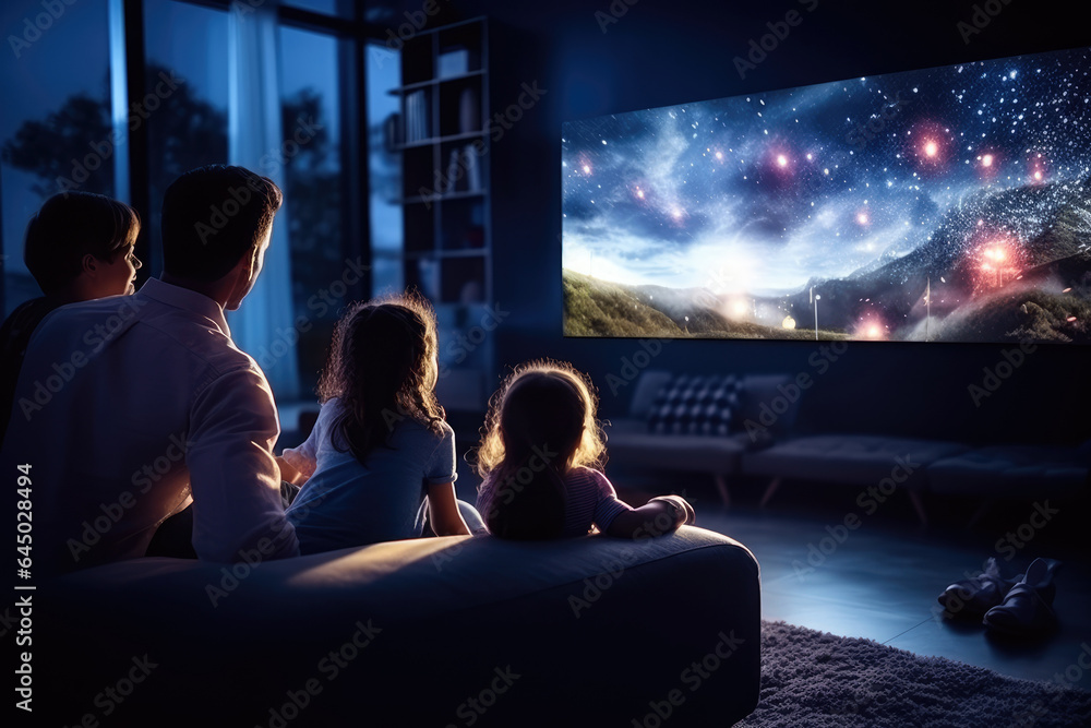 Poster a family enjoying movie night with a large smart tv and streaming content from various platforms. ge