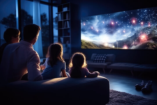 A family enjoying movie night with a large smart TV and streaming content from various platforms. Generative Ai.