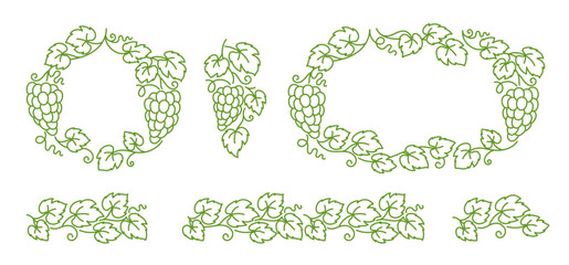 Grapevine ornament wine label kit. Bunch of grapes and leaves. Editable outline stroke. Vector line.