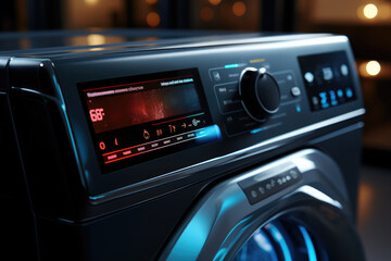 Fototapeta premium A smart washing machine with a digital display indicating the progress of a laundry cycle. Generative Ai.