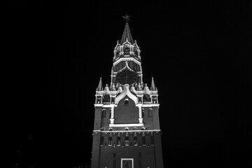 Fototapeta na wymiar The black and white photo of the Kremlin Clock (Kremlin Chimes) on the historic the Spasskaya Tower of Moscow Kremlin, Russia.