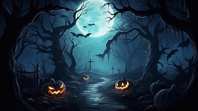 Realistic Halloween background with the creepy landscape of a night sky fantasy forest in the moonlight