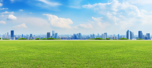 Empty lawn floors city  skyline and modern business office buildings with blue cloud sky