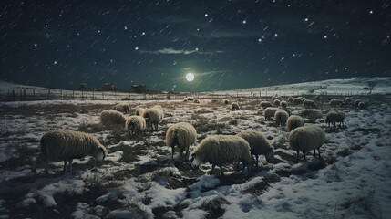 sheep grazing together in the snow on a starry night