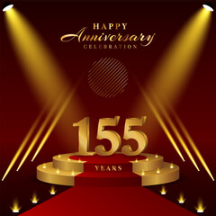 155th anniversary logo with numbers and podium in gold color, logo design for celebration event, invitation, greeting card, banner, poster, and flyer, vector template