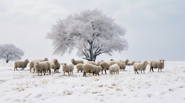 sheep grazing together in snow